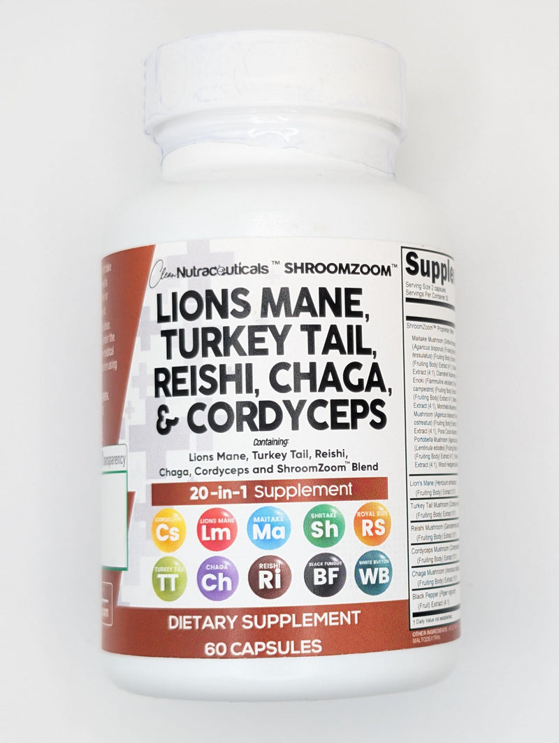 [Australia] - Clean Nutraceuticals Lions Mane 20in1 Mushroom Supplement with Turkey Tail Reishi Cordyceps Chaga Maitake Meshima Poria Cocos Shiitake Oyster Porcini Enoki - 1 Pack 