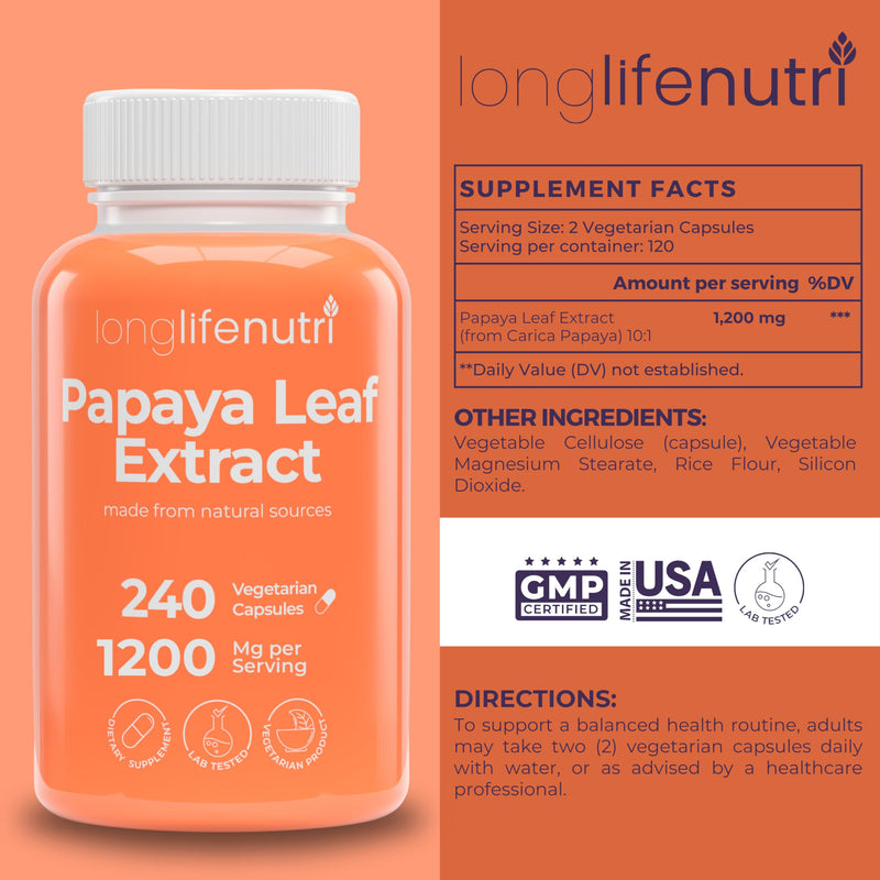[Australia] - Papaya Leaf Extract Supplement 1,200mg per Serving - 240 Vegetarian Capsules, 4-Month Supply, from Carica Papaya for Daily Wellness, GMP Certified, Made in USA 240 Count (Pack of 1) 