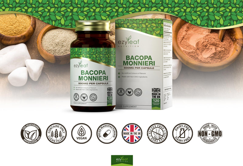 Ezyleaf Bacopa Monnieri 500mg High Strength Bacopa 120 Capsules | Bacopa-Extract Ayurvedic Brahmi Powder Capsules | Vegan, Non-GMO Allergen & Gluten Free | Made in UK