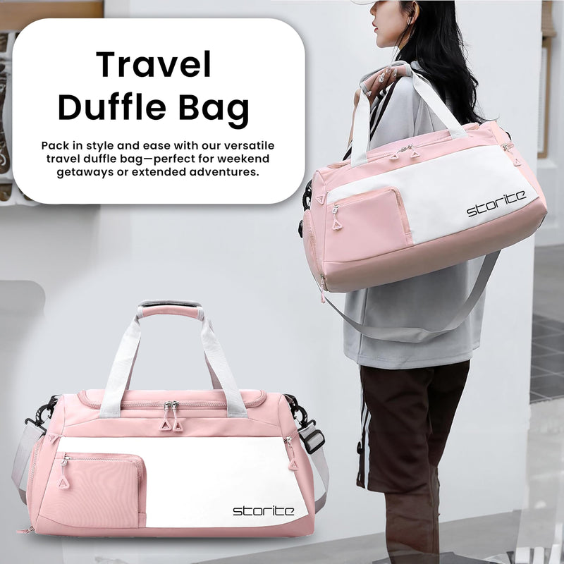 Storite Travel Duffle Bag with Shoe Compartment, Light Pink, 50x25x27 cm | Water Resistant Nylon, Lightweight, Multi-Pocket, Wet Pocket, Adjustable Shoulder Strap, Travel, Gym, Overnight Use Style - 2