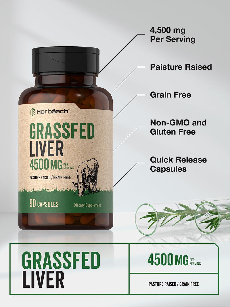 Horbäach Grass Fed Beef Liver Supplement | 4500mg | 90 Capsules | Desiccated, Pasture Raised, Grain Free, Non-GMO 90 Count (Pack of 1)