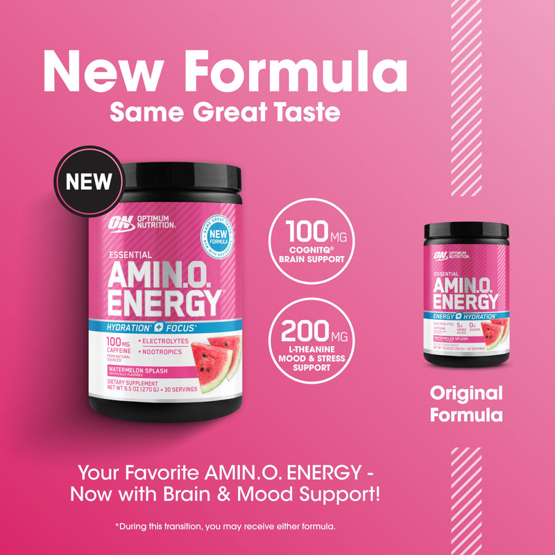 Optimum Nutrition, Amino Energy Powder Plus Focus, with Bcaa, Electrolytes, and Caffeine, Watermelon, 30 Servings | Contains BCAAs, Electrolytes, 100 mg Caffeine, 5g Amino Acids, Zero Sugar, Supports Hydration, Banned Substance Tested