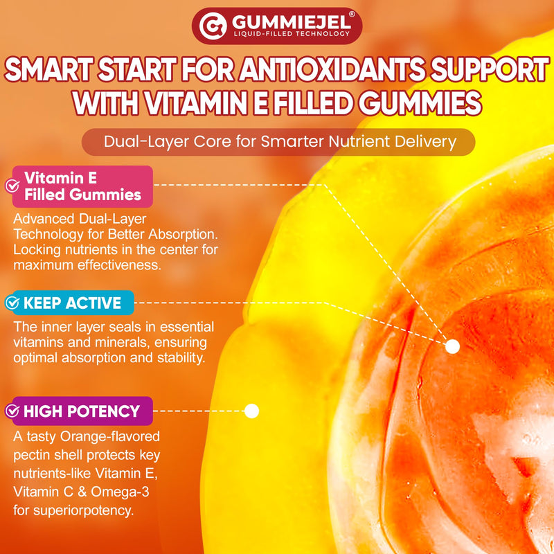 Liposomal Vitamin E Gummies 1000IU, Natural Form of Vit E Mixed Tocopherol | 8-in-1 Antioxidant Formula with CoQ10, Omega-3, Vitamin C & Turmeric | for Skin, Eye, Immune & Brain, 1 PACK