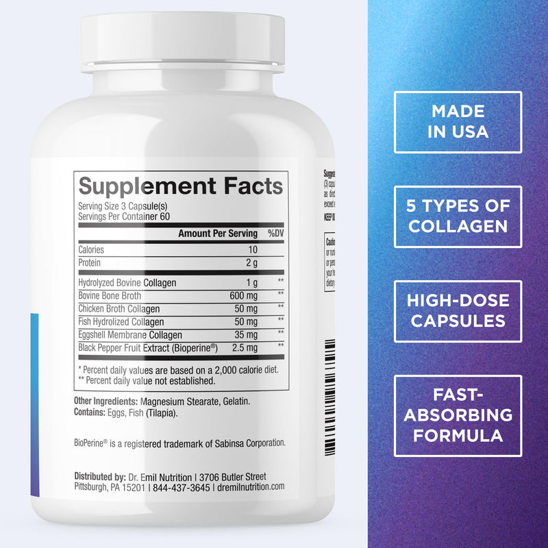 Dr. Emil Multi Hydrolized Collagen, Types I, II, III, V & X, 180 Capsules | All-in-One Hydrolyzed Collagen Blend with Biotin and Vitamin D to Support Hair, Skin, Nails, and Joints, Non-GMO