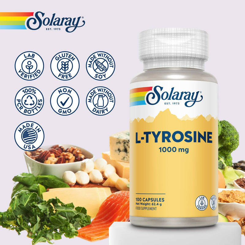 Solaray L-Tyrosine Free-Form Amino Acid Supplement 1000mg - 100 High Strength Capsules - 500mg L Tyrosine per Capsule - Lab Verified, Gluten Free 100 count (Pack of 1)
