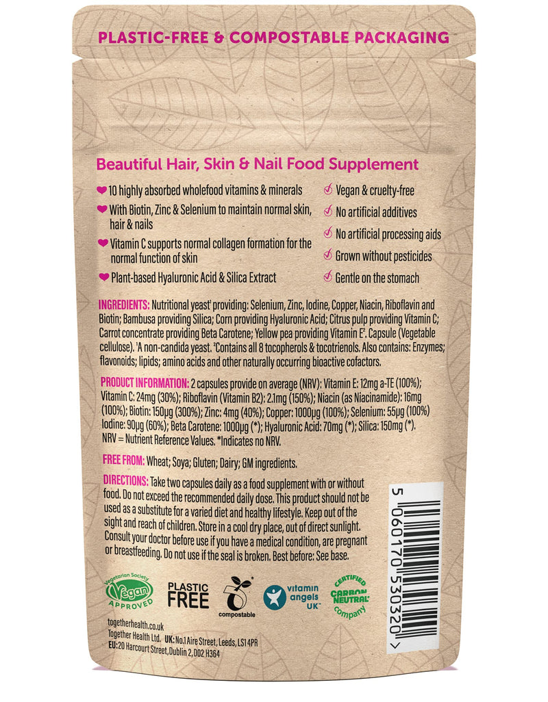 Beautiful Hair, Skin & Nail Daily – Together Health – Whole Food Nutrients – 10 Beauty-Specific Vitamins & Minerals – Hyaluronic Acid – Natural Silica – Vegan Friendly – Made in The UK – 60 Vegecaps Unflavoured 1 count (Pack of 60)