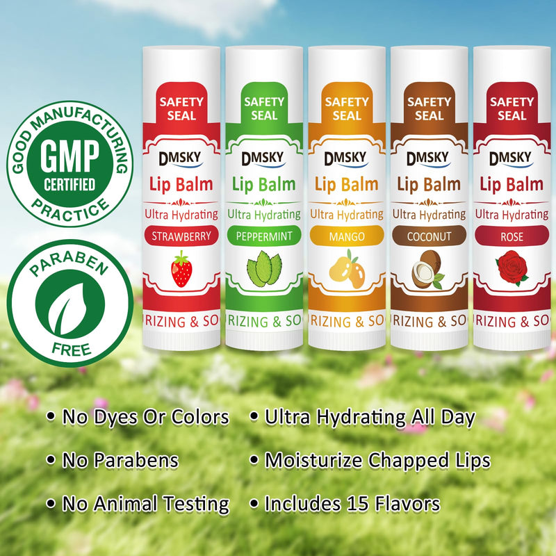 DMSKY 30 Pack Lip Balm, Natural Lip Balm Bulk with Vitamin E and Coconut Oil, Moisturizing Soothing Chapped Lips-15 Flavors | Hydrates with Vitamin E & Beeswax, Moisturizing Lip Care for Dry Chapped Lips C-30 Count