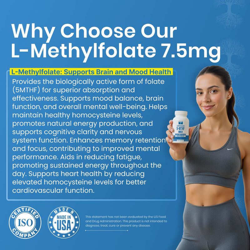 L-Methylfolate 7.5mg | 90 Capsules | Optimized & Highly Bioactive Methyl Folate Supplement | 5-MTHF Supports for Energy, Focus & Mood | Non-GMO, Gluten Free, Vegan | 3 Month Supply 7.5 mg