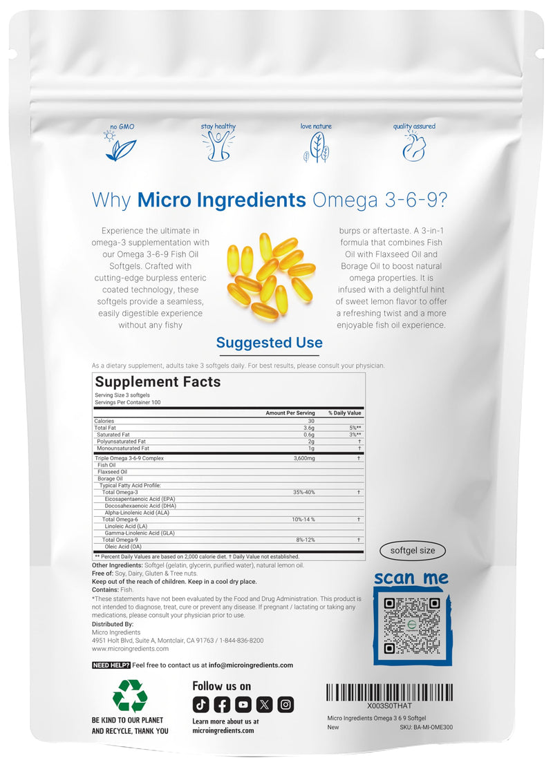 [Australia] - Ultra Omega 3-6-9 3600mg Per Serving, 300 Burpless Softgels | Lemon Flavor ‚Äì Blend of Fish, Flaxseed, Borage Oils | Bioavailable Source, Non-GMO, No Gluten, Mercury Free 