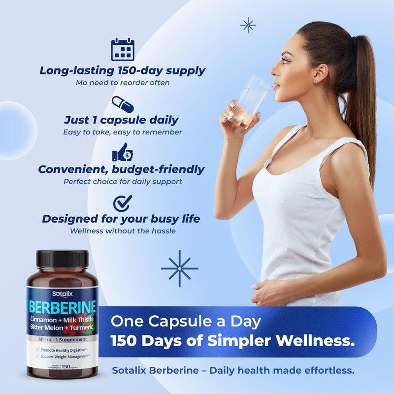 [Australia] - Premium Berberine Supplement with Ceylon Cinnamon, Bitter Melon, Milk Thistle - 150 Day Supply (150 Count (Pack of 1)) 
