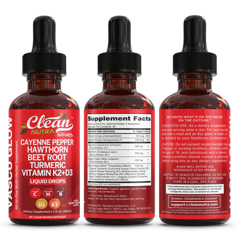 [Australia] - Clean Nutra Cayenne Pepper Drops Supplement Liquid + Hawthorn Berry, Vitamin D3 K2 Beet Root Powder, Ceylon Cinnamon, Turmeric Curcumin, Organic Panax Ginseng, Berberine Extract 1 Pack 
