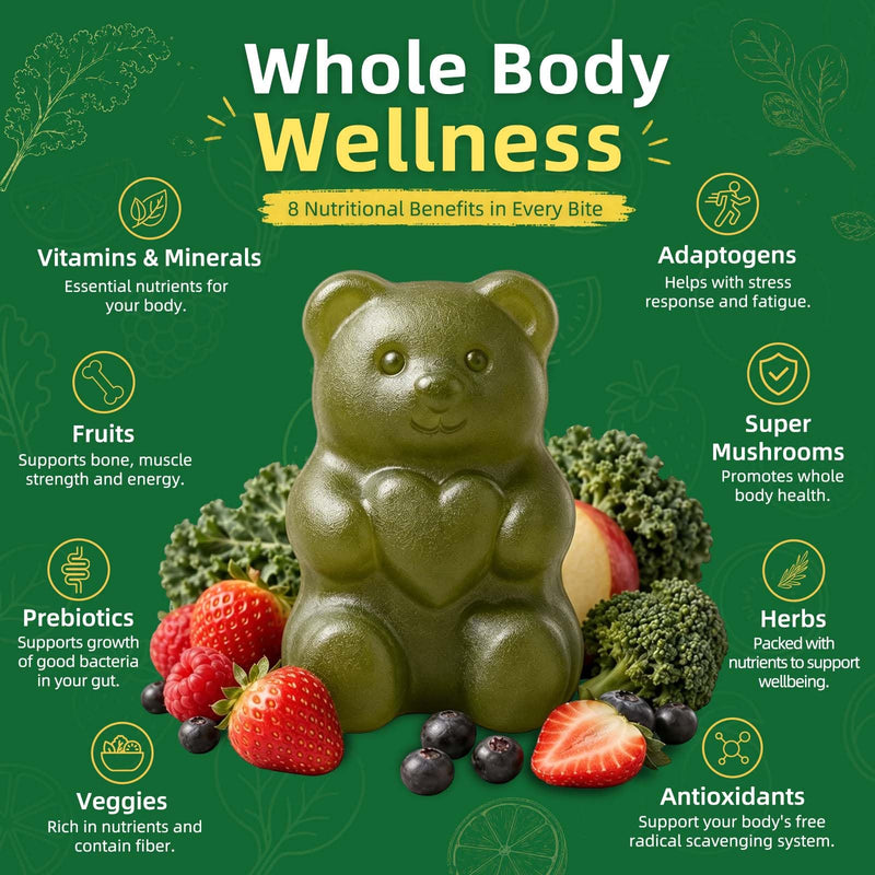 COOLKIN Greens Daily Gummies, Adult Super Greens Multivitamin Superfood Gummies with Spirulina, Chlorella, Adaptogens & Prebiotic Fiber - Digestive Health Support, (20 Count)