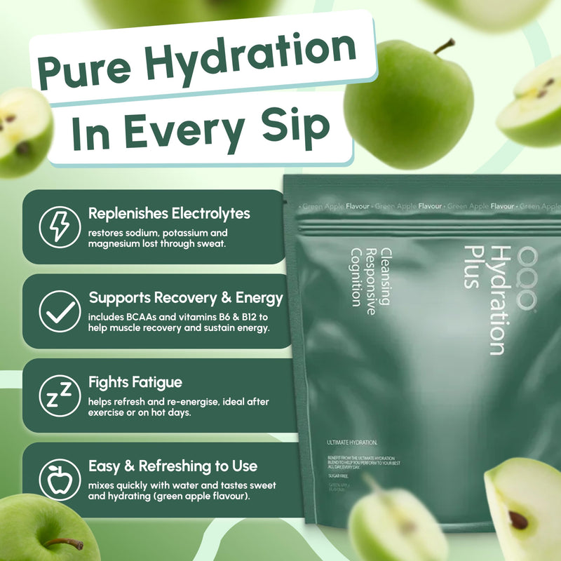 OQO® Hydration Electrolytes Sachets | Hydration Powder Packed with Vitamins B6 & B12, Sodium, Potassium, Magnesium & BCAAs - Zero Sugar Hydration Sachets | 12x Electrolyte Sachets | Green Apple 12pk (Green Apple)