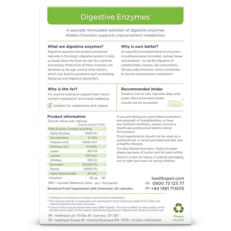 Healthspan Digestive Enzymes | 60 Capsules | Amylase | Lactase | Lipase | Protease | Added Chromium | Aids Digestion | Vegan