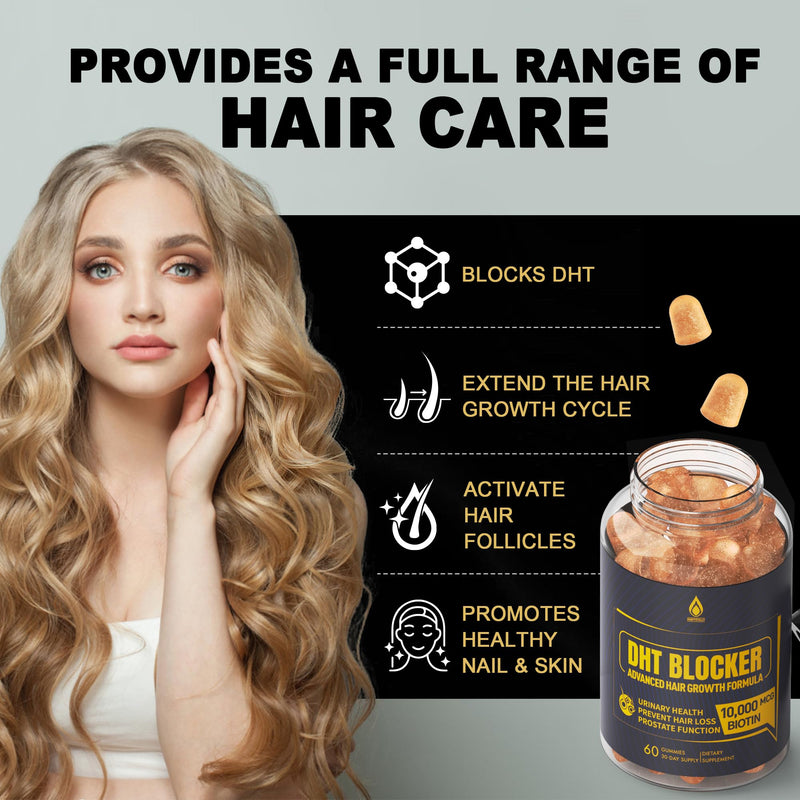 [Australia] - DHT Blocker Gummies Hair Growth Supplement, Super Potency Saw Palmetto & Biotin 10000 mcg for Women & Men, Plus 12 Proprietary Blend - Prevent Hair Loss, Blocking DHT Receptors, Hormonal Balance 60 Count (Pack of 1) 