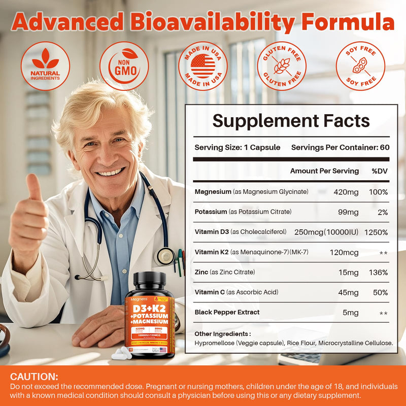 Vitamin D3 K2 MK-7 10000 IU with Magnesium Glycinate 420mg & Potassium | Supports Bone Strength, Muscle Health, Heart & Immune Wellness, Energy & Restful Sleep with 99mg Potassium Citrate, 60 Caps