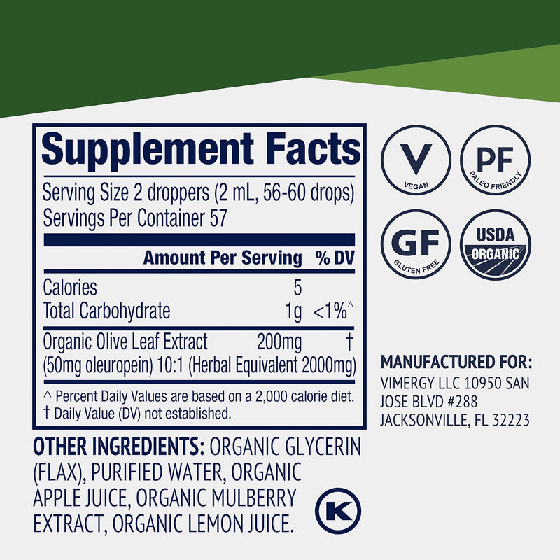 [Australia] - Vimergy Organic Olive Leaf Extract, 57 Servings – Pure Olive Leaf Liquid Drops – Supports Immune and Cardiovascular Health - USDA Organic, Gluten-Free, Non-GMO, Vegan & Paleo Friendly (115 ml) 