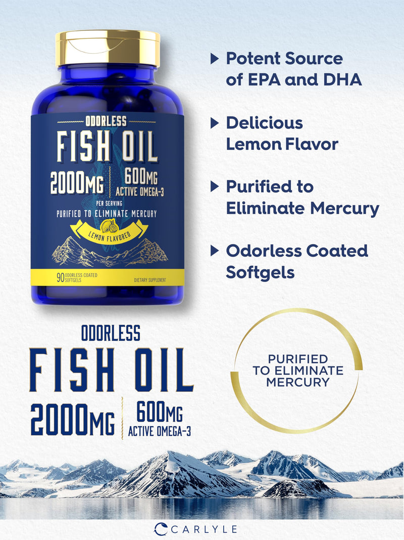 [Australia] - Carlyle Fish Oil 2000mg | 600mg Omega 3 Supplement for Men & Women | 90 Odorless Softgels | Lemon Flavored | Non-GMO and Gluten Free 