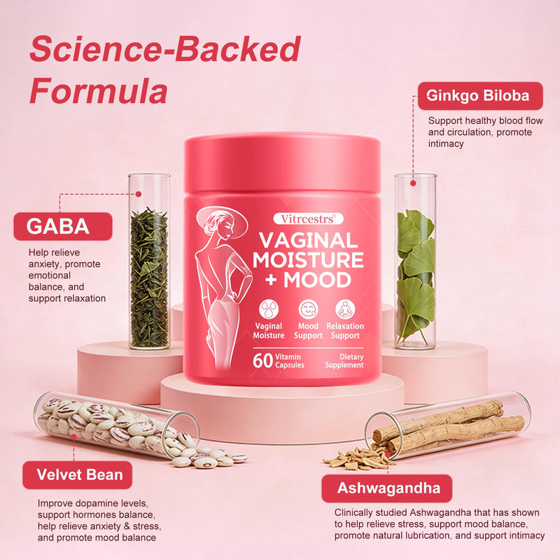 Vaginal Moisture Support Capsules, Support Vaginal Moisture, Mood & Relaxation for Women, Feminine Health Supplement for Vaginal Dryness with Ashwagandha, GABA, Ginkgo Biloba, Mucuna Pruriens, 60 Caps