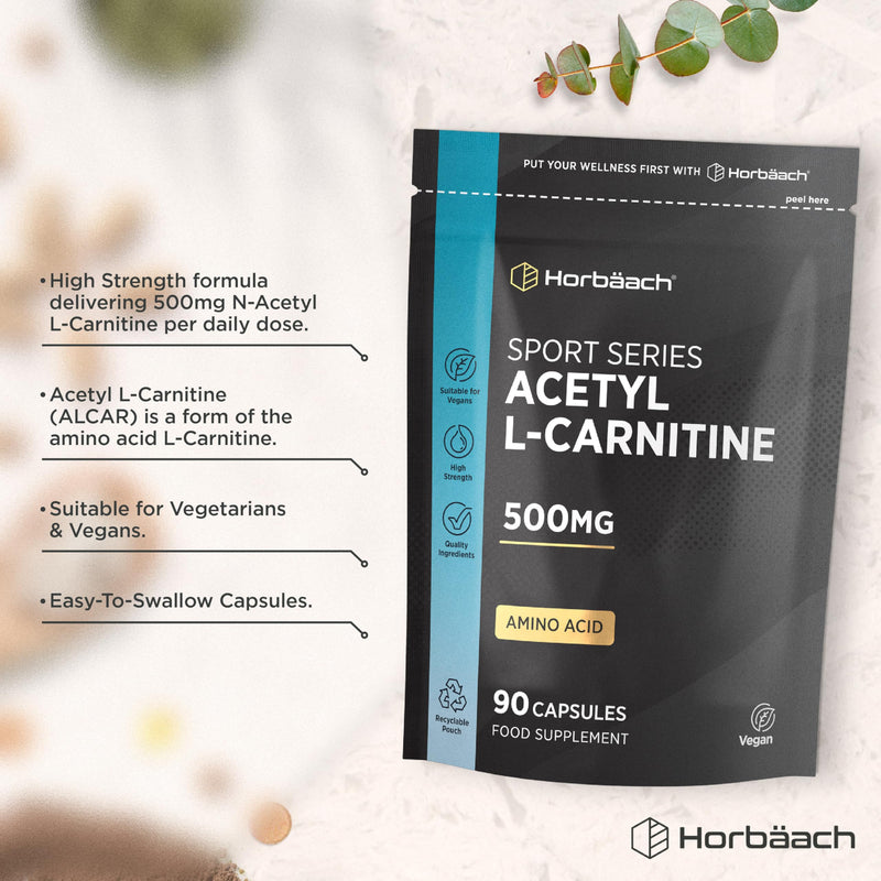 Acetyl L-Carnitine 500mg | 90 Vegan Capsules | High Strength ALCAR Supplement | Amino Acid | By Horbaach