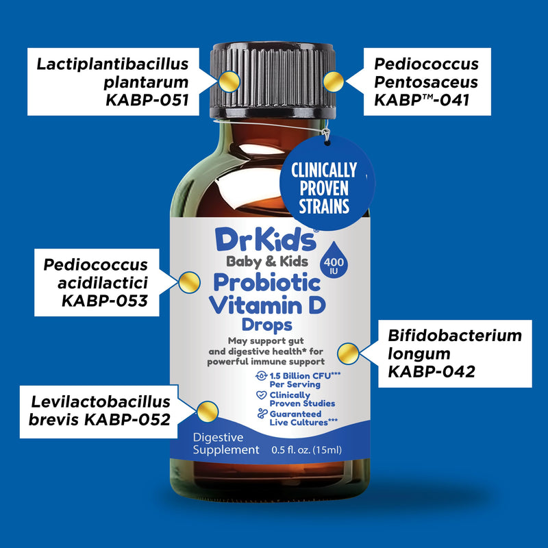 Dr. Kids Probiotic Vitamin D Drops - Supports Infant & Child Gut Health, Helps Reduce Gas, Colic & Fussiness, Baby Probiotic Drops with Vitamin D3, Pediatrician Recommended, Unflavored, 15ml