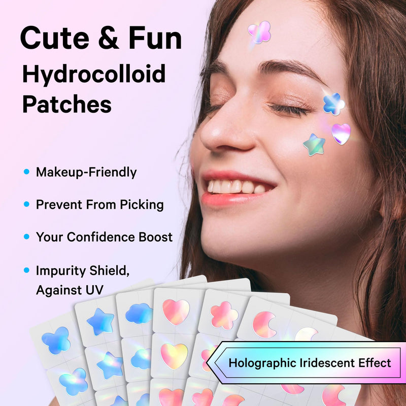Sosky Hologram Pimple Patches for Face, Hydrocolloid Acne Patches with Salicylic Acid, Cute Star Zit Stickers,Colorful Blemish Covers,72 Count Blue Pink Star Heart Moon Cloud Butterfly Flower