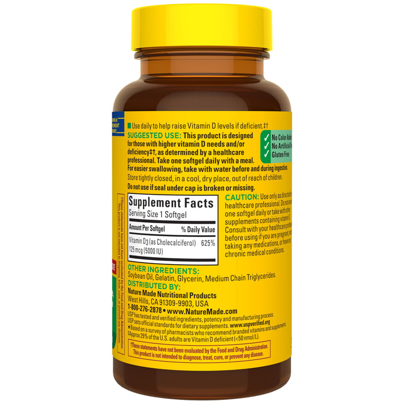 Nature Made Vitamin D3 5000 IU (125 mcg), 180 Vitamin D Softgels | Extra Strength Vitamin D Supplement for Immune, Bone, Teeth and Muscle Health Support, 180 Day Supply 180 Count (Pack of 1)