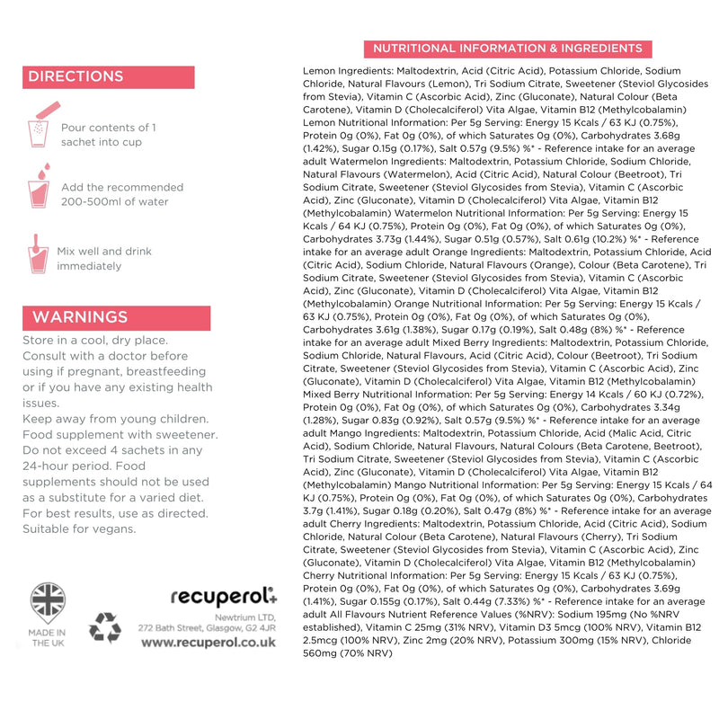Recuperol Electrolytes Sachets - Rehydration Electrolytes Powder with Zinc, Vitamin C, B12, D3 & Potassium for Hydration - Sugar Free, Vegan & Low Calorie - Variety 30 Pack (6 Natural Flavours)