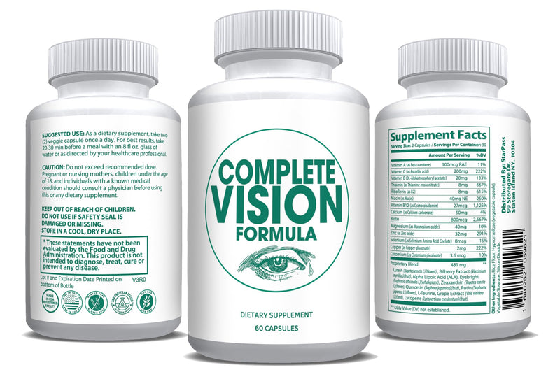 Eye Health Vitamin & Mineral Supplements for Adults | Complete Research Vision Formula w/Bilberry, Lutein, Zeaxanthin, Lycopene, Resveratrol 60 Caps (3 Pack)