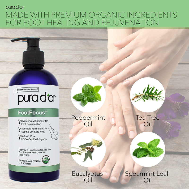 [Australia] - PURA D'OR 16 Oz FootFocus Organic Aloe Vera Gel For Severe Cracked Heel Repair Foot Care Products - Soothes Sore Feet Extra Strength Feet Care - Vitamin E, Peppermint, Tea Tree & Eucalyptus Oil 