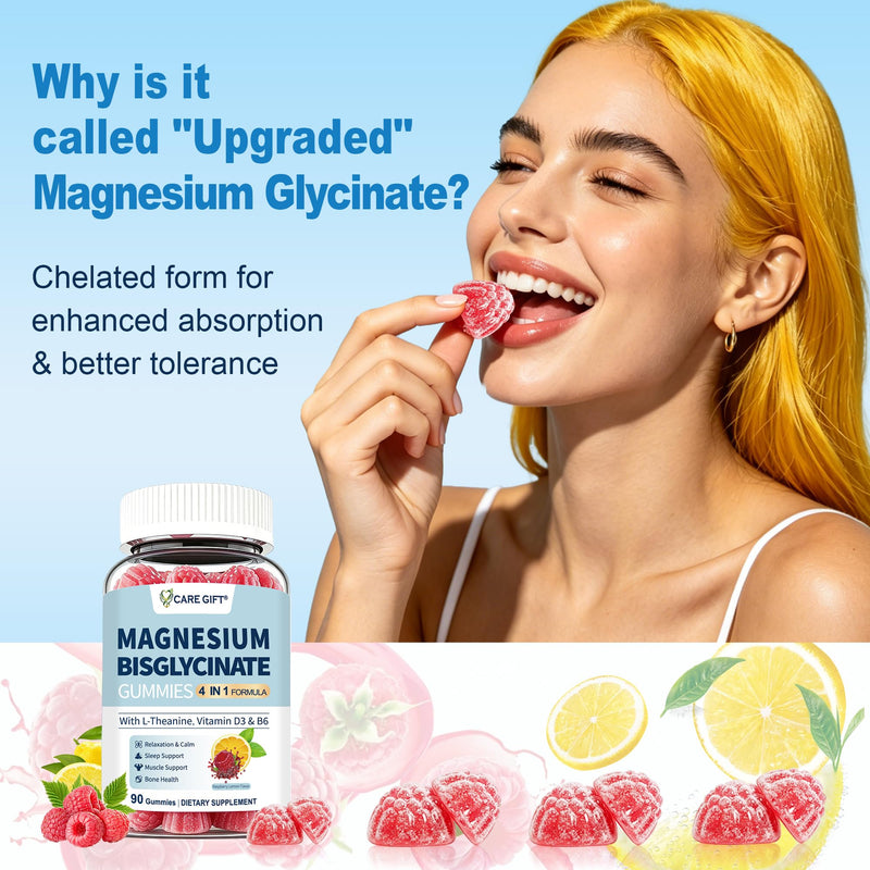 Magnesium Bisglycinate Gummies 400mg Chelated Magnesium, with Vitamin D3, Vitamin B6 & L-Theanine, Supports Sleep, Relaxation, Muscle Function and Bone Health, 90 Gummies, Lemon Raspberry Flavour