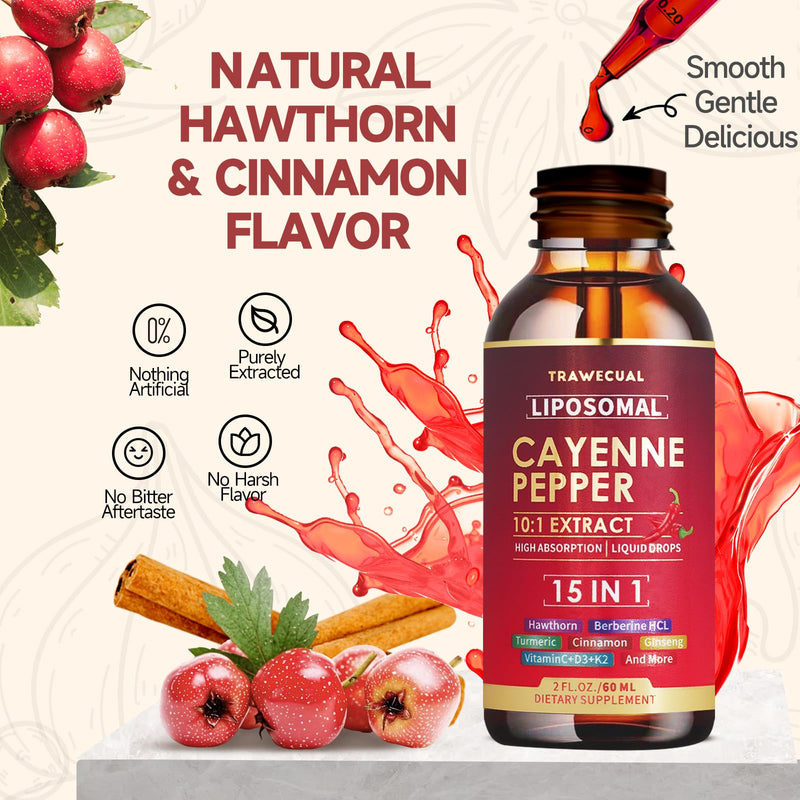 [Australia] - 15 in1 Liposomal Cayenne Pepper Liquid Drops Supplement, with Vitamin D3 K2, Hawthorn, Berberine HCL, Beet Root, Turmeric, Cinnamon, Digestion, Circulatory Heath Support- 2 Fl Oz for 30 Days 2 Fl Oz (Pack of 1) 