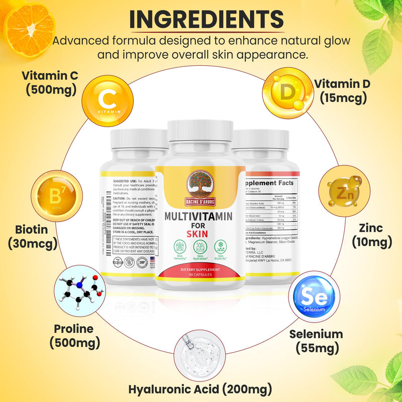 Racine D’ARBRE Multivitamin Skin Supplement – Hyaluronic Acid, Vitamin C, Selenium, Biotin, Zinc & Proline – Collagen, Hydration & Beauty Support – 90 Capsules