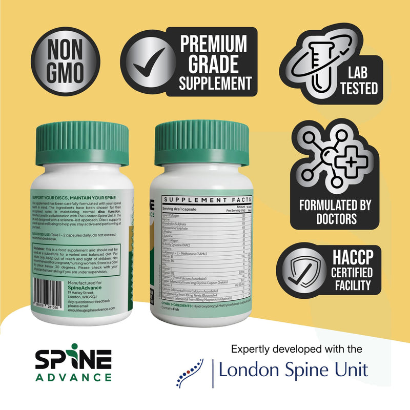 Disc+ Spinal Health Supplement - Glucosamine, Chondroitin, Collagen, Vitamins & Trace Minerals – Supports Healthy Spinal Discs and Back - 60 Capsules - 100% Natural Ingredients Disc Plus