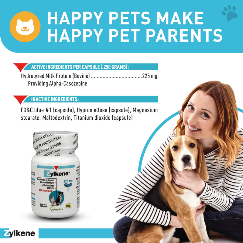Vetoquinol Zylkene Calming Support Supplement for Medium Dogs 33-65lbs Helps Promote Relaxation and Reduce External Stress Factors, Daily Behavioral Support and Anxiety Relief for Dogs, 225mg 30 Capsules - PawsPlanet Australia