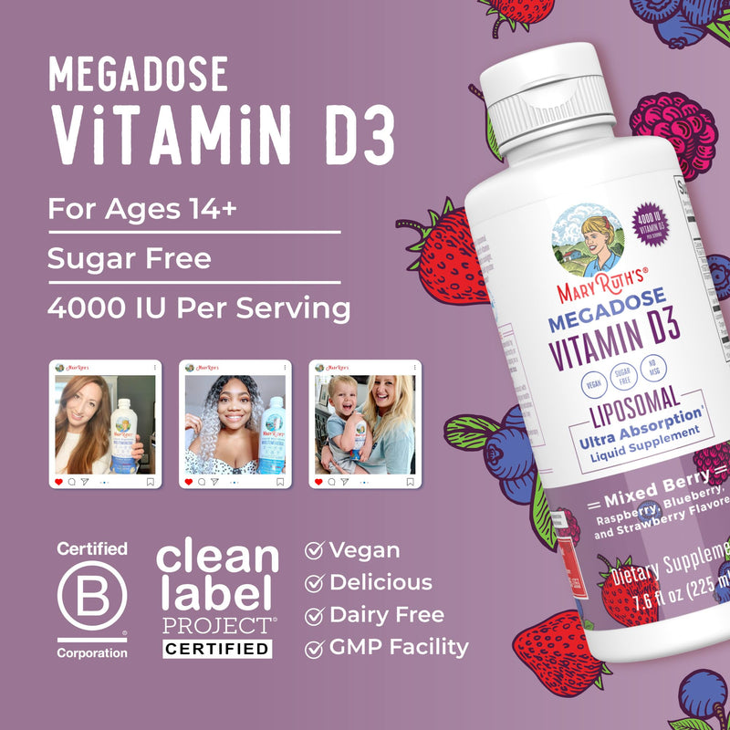 MARYRUTH'S Megadose Vitamin D3 Liposomal, Vitamin D 4000 IU, 45 Servings | Ultra Absorption, Immune Support for Adults, Bone Health, Vegan, Sugar Free, Gluten Free, Non-GMO, 45 Servings