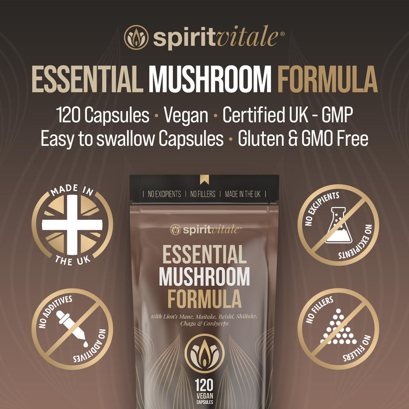 Essential Mushroom Formula | Focus, Cognitive Support, Immunity, Rest | Lion's Mane, Maitake, Reishi, Shiitake, Chaga & Cordyceps Blend | UK Certified Complex | NO Nasties | Vegan | SPIRIT VITALE