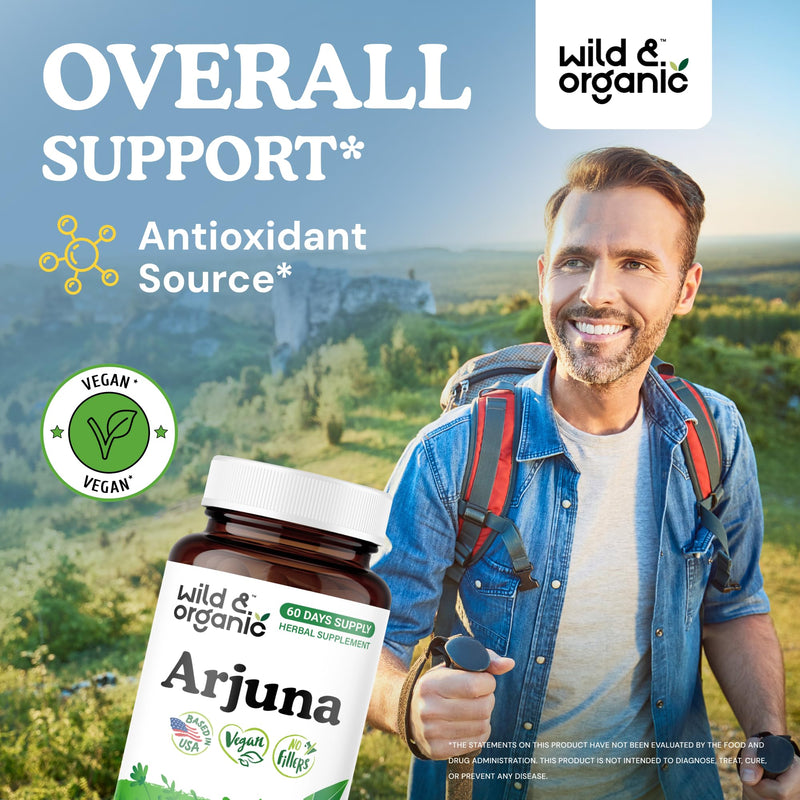 [Australia] - Wild & Organic Arjuna Capsules - Overall Support - Arjuna Bark Powder Supplement - 60 Herbal Capsules - 2-Month Supply - Terminalia Bark & Leaf Extract - Vegan, No Fillers, Non-GMO 