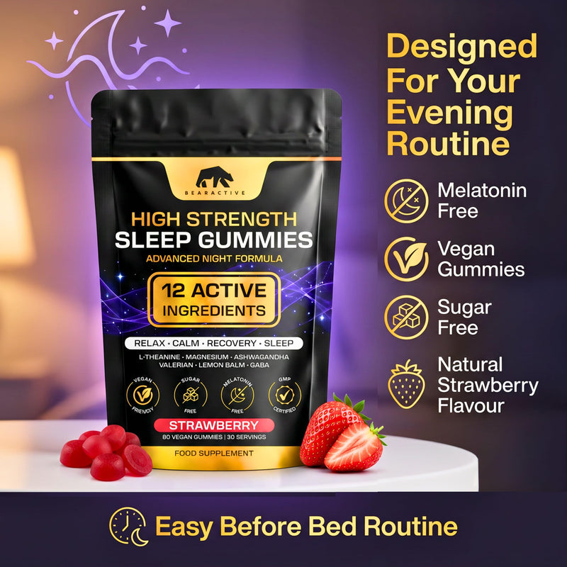 Sleep Gummies for Adults – Magnesium Glycinate Gummy with L Theanine, Ashwagandha – 12 Active Ingredients – Vegan Sugar Free Strawberry Flavour – 30 Day Supply