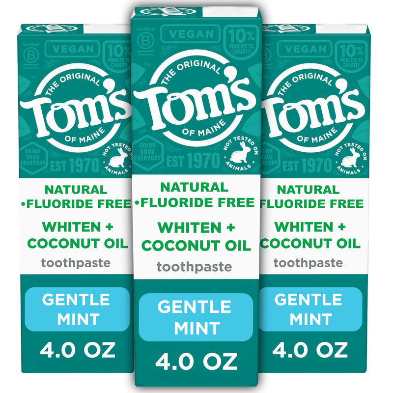 [Australia] - Tom’s of Maine Whiten Plus Coconut Oil Fluoride Free Toothpaste, Natural Whitening Toothpaste with Plant-Based Cleansers, Whitens Without Causing Sensitivity, Gentle Mint, 4.0 Oz (Pack of 3) 