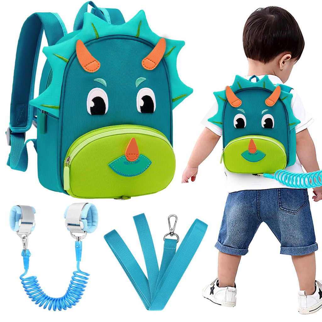 Accmor Toddler Harness Backpack Leash, Cute Dinosaur kid Backpacks with Anti Lost Wrist Link, Child Backpack with Leash for Baby Boys Girls, Mini Toddler Back Pack Tether for Outdoor Walking (Blue) Aquamarine/Triceratops