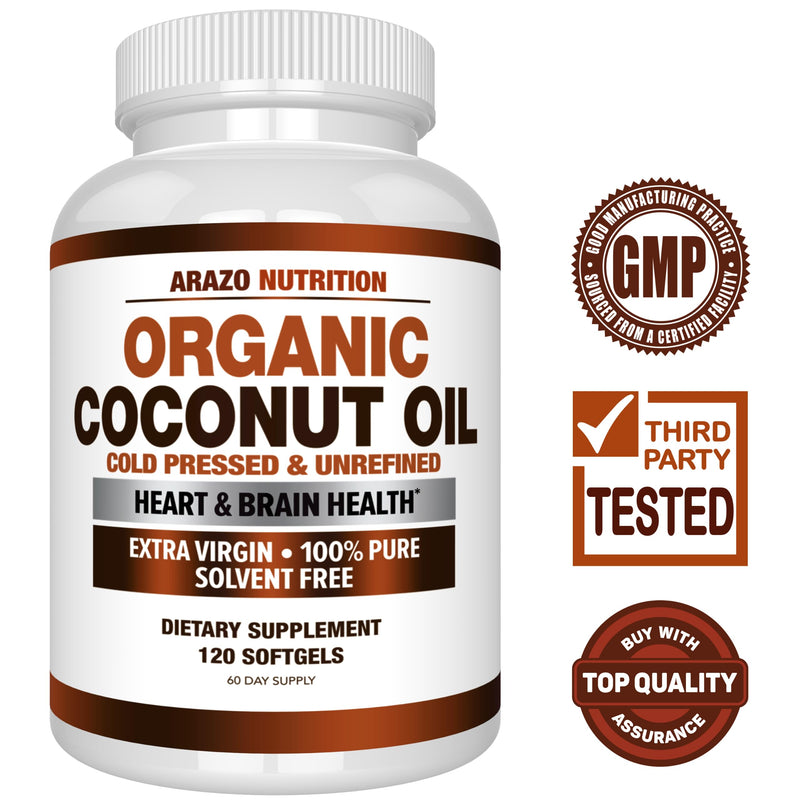[Australia] - Arazo Nutrition Organic Coconut Oil 2000 MG - 100% Extra Virgin Unrefined Cold Pressed for Weight Support, Skin, Hair, Nails - 120 Softgel Capsules 120 Count (Pack of 1) 