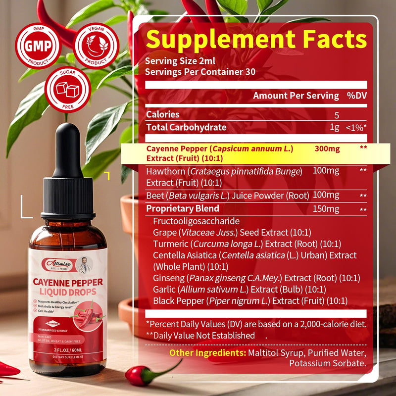[Australia] - Cayenne Pepper Drops Supplement Liquid,with Hawthorn,Beet,Ginseng,Centella Asiatica,Grape,Turmeric for Energy,Circulation Original 2 Fl Oz (Pack of 1) 
