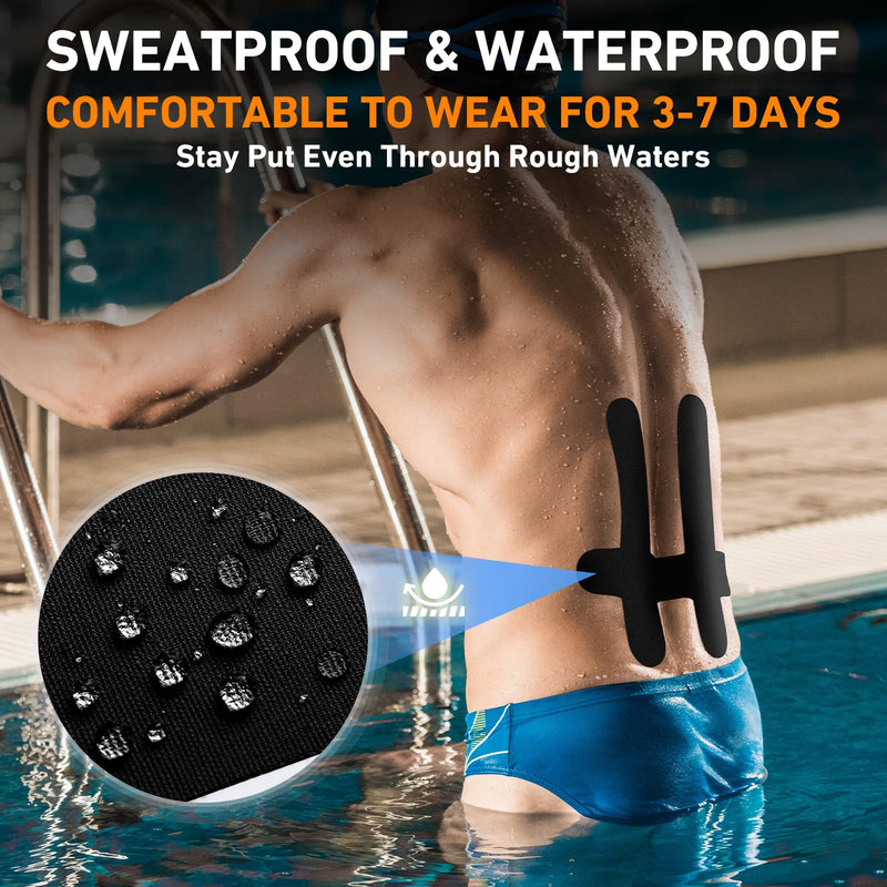 PreCut Kinesiology Tape for Lower Back, 12PCS Kinesiology Tape Precut for Lower Back, KTQUICK Original Cotton Waterproof&Breathable Latex-Free, Enhance Elastic Athletic Tape for Support Muscle(Black) Black