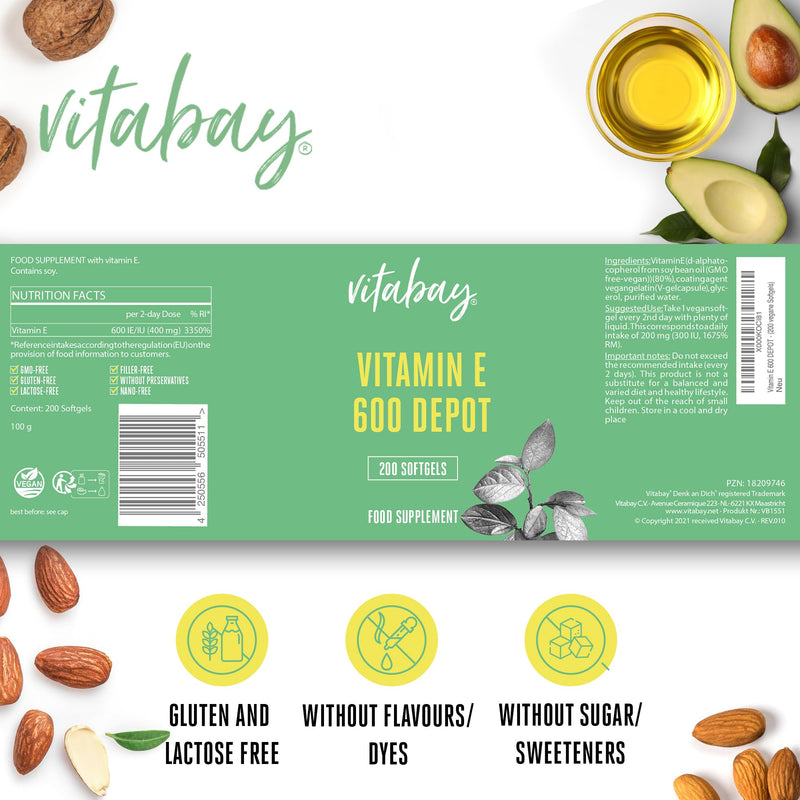 Vitabay Vitamin E 600 IU Depot - 200 Vegan Softgel Capsules - Natural D-Alpha Tocopherol - High Strength - Cell Protection from Oxidative Stress - Lab Tested - 12 Month Supply 100 g (Pack of 1)