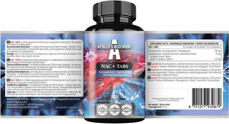 NAC+ 150 mg - N-Acetyl L-Cysteine and Artichoke Extract, 300 Vegan Tablets, 1200 Servings, Amino Acid Dietary Supplement, Supports Detox and Liver Health - by Apollo's Hegemony Tablet 300 count (Pack of 1)