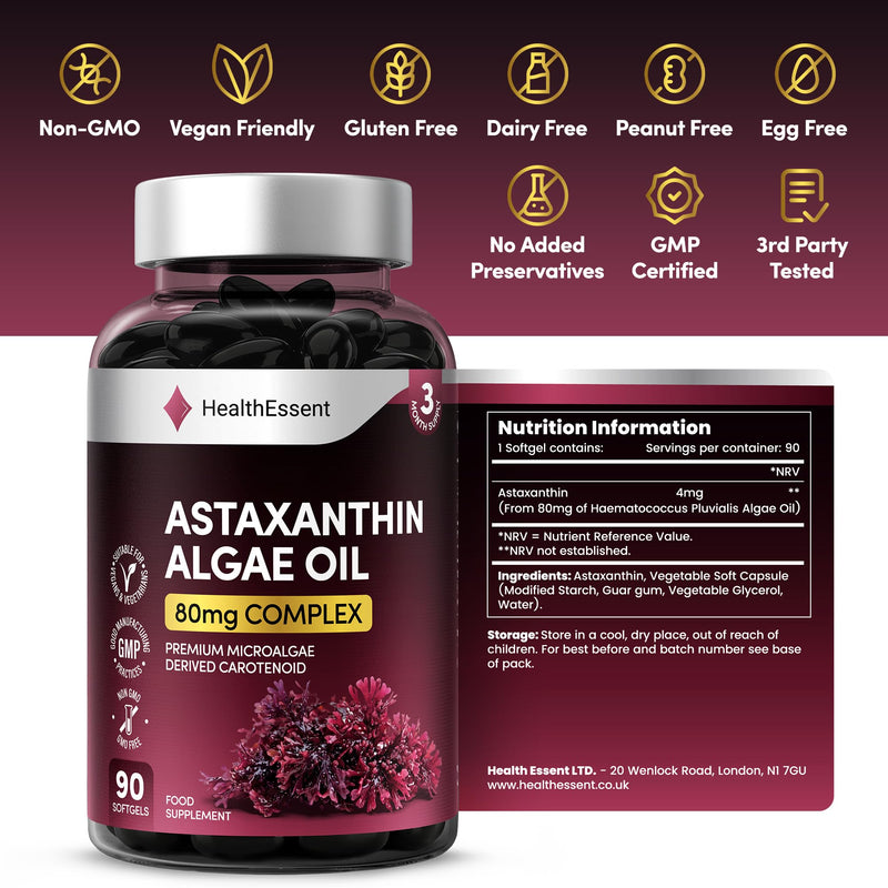 HealthEssent Astaxanthin High Strength Algae Oil 80mg Complex - Microalgae Carotenoid from Haematococcus Pluvialis - 90 Vegan Softgel Capsules - Antioxidant Supplements for Skin & Eyes, Non-GMO
