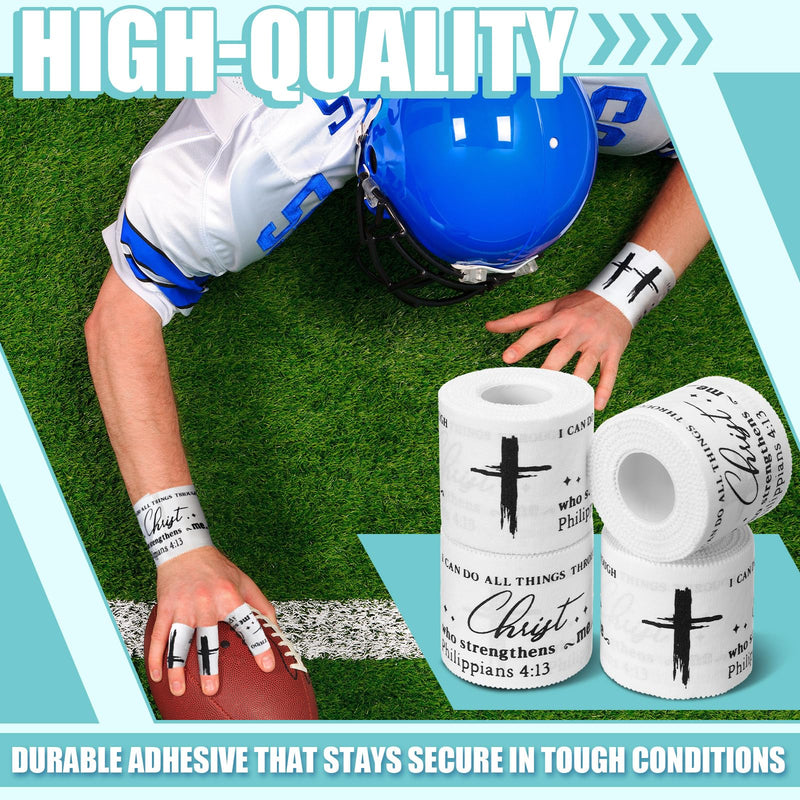 Geiserailie 4 Rolls Christian Cross Athletic Tape Gifts Bulk 2 in x 23 ft Cotton Religious Sport Wrist Tapes Baseball Hockey Football Gymnastics Volleyball Adhesive Ankle Finger Knee Wrap, White