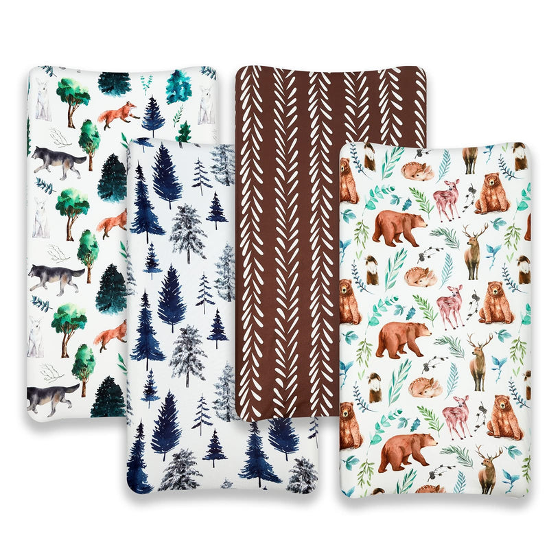 [Australia] - 4 Pack Changing Pad Covers Woodland Forest Animals Wood Neutral Unisex Fitted Baby Changing Pad Cover Set for Baby Boys or Girls 