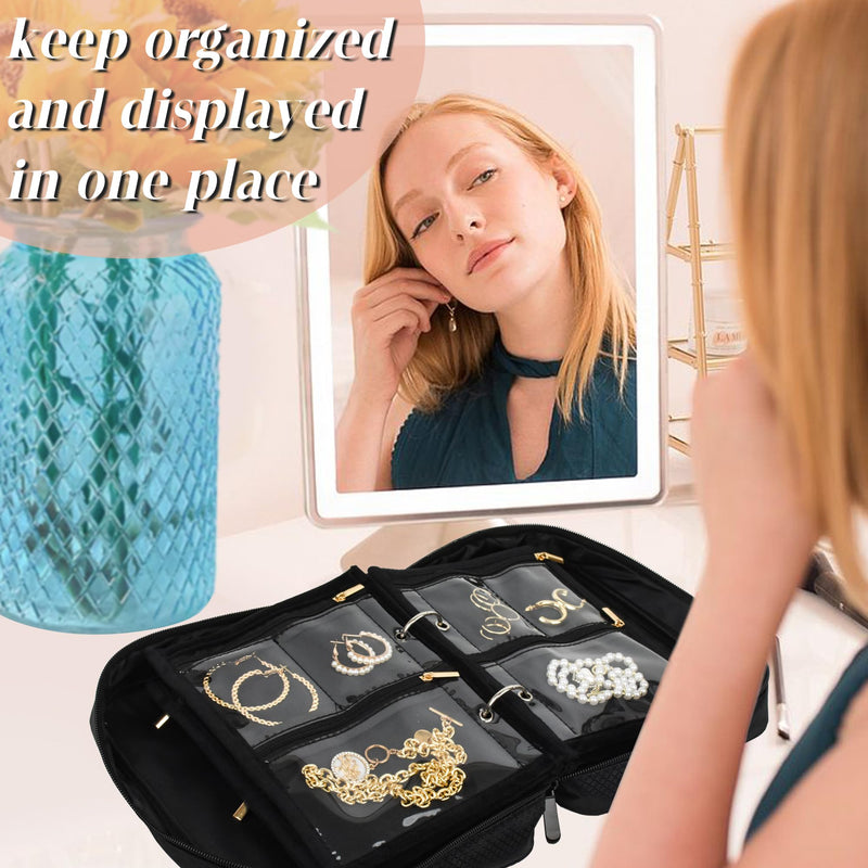 Travel Jewelry Organizer Case with Clear Zipper Velvet Pouch and Transparent Jewelry Storage Book with Small Clear Zippered Pouch